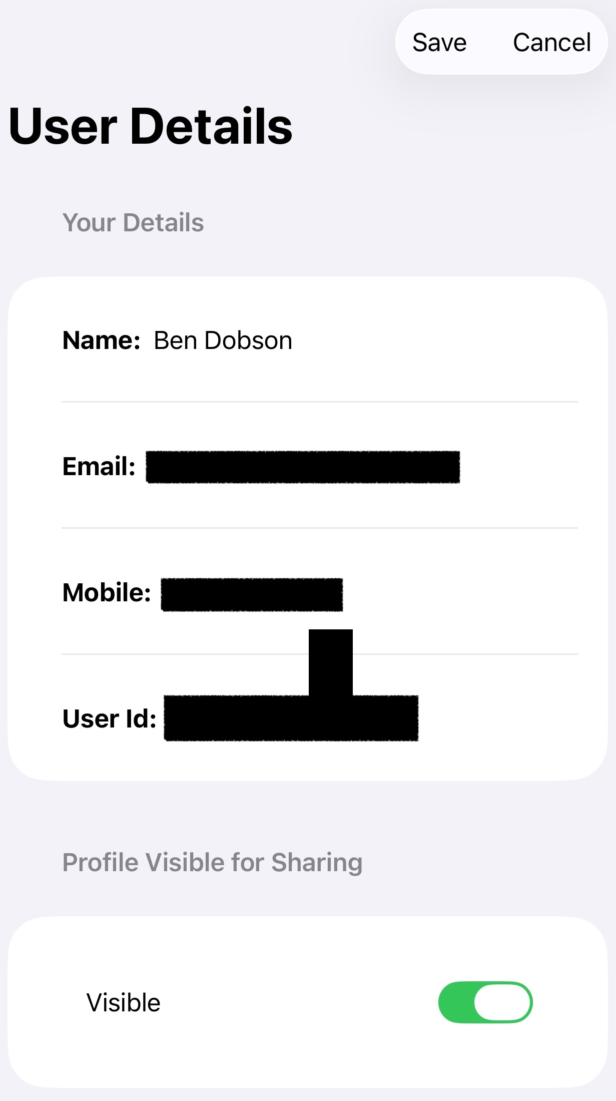 User Creation Screen Top